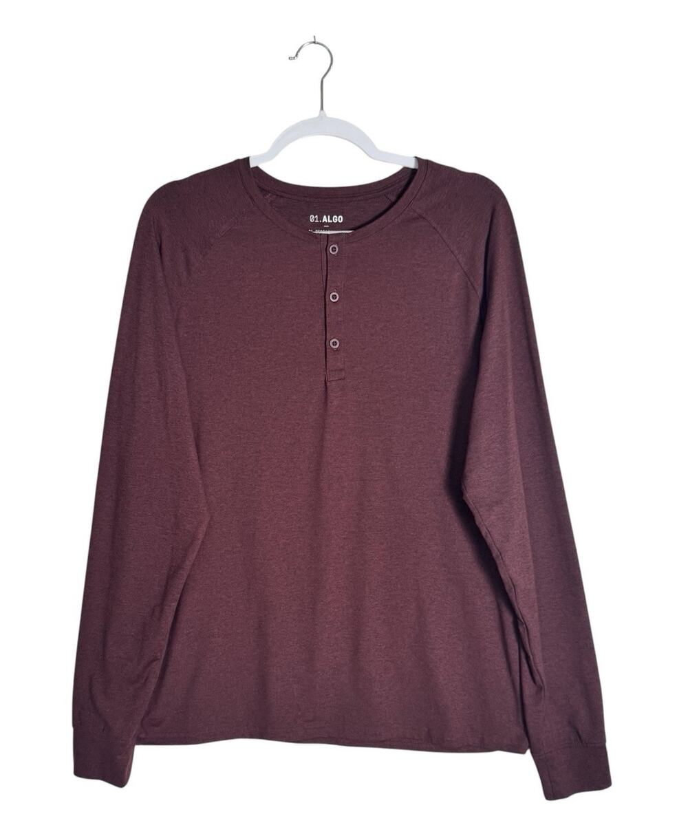 01.Algo Mens Performance Henley Shirt Burgundy Long Sleeve Quick Dry UPF 40 Sz M